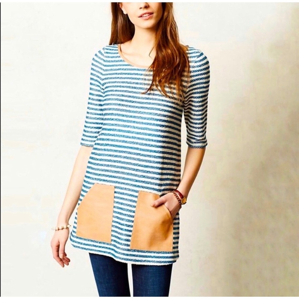Anthropologie Postmark Saphony Striped Tunic Dress Faux Leather Pockets Medium